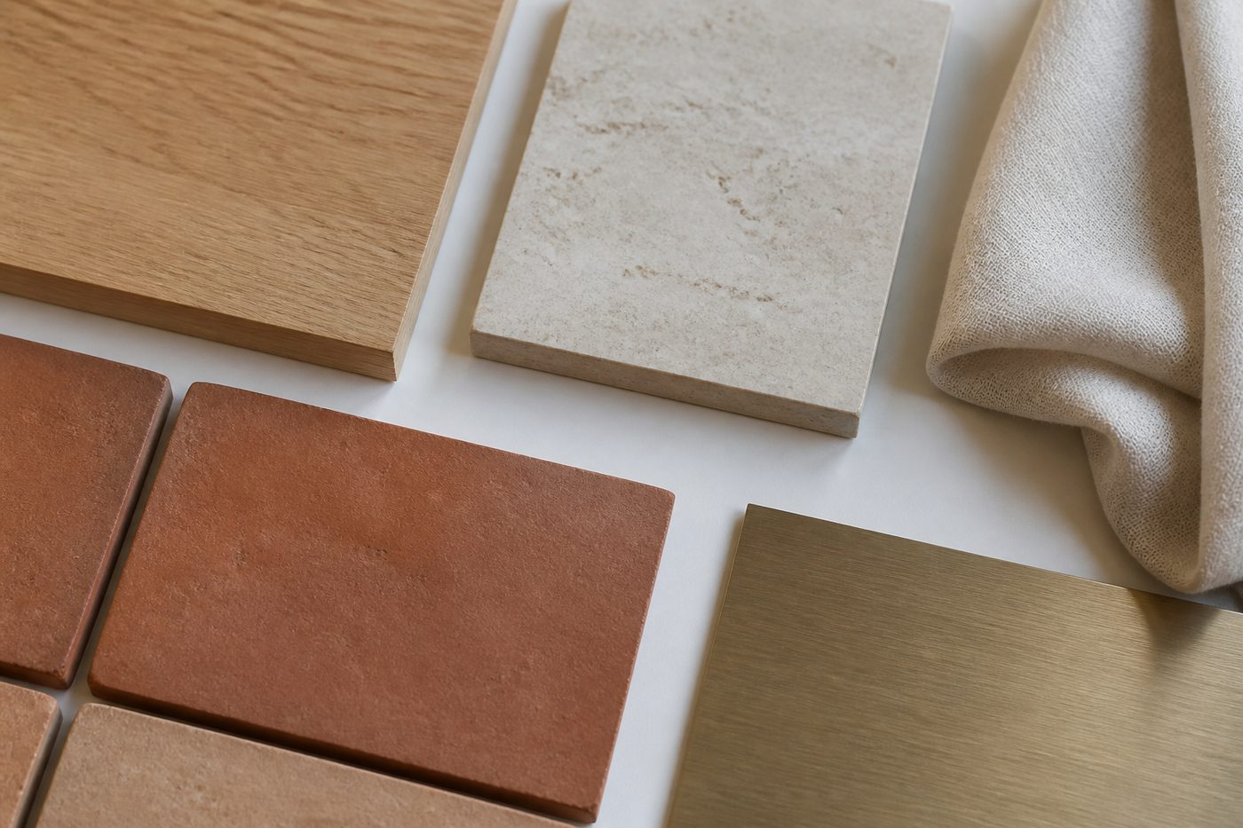 Materialcollage mit Holz, Stein, Leinen und Keramik