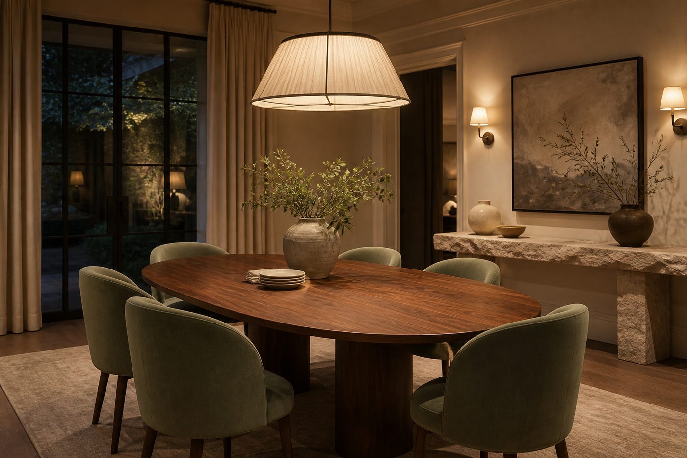 Elegantes Esszimmer mit ovalem Holztisch und Pendelleuchte