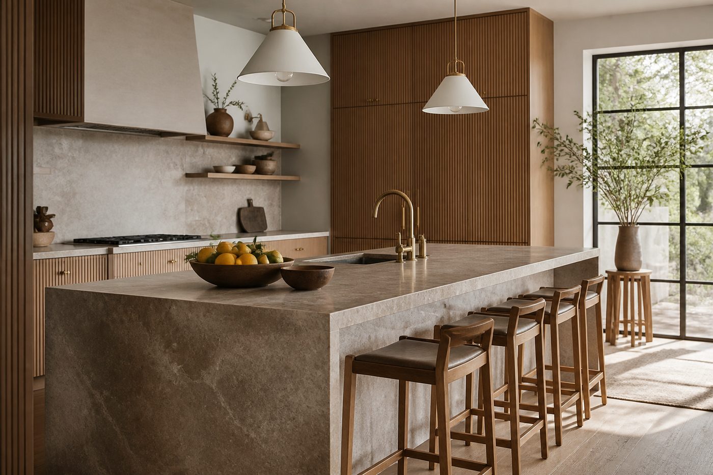 Moderne Küche mit Steininselfront und Eichenfronten