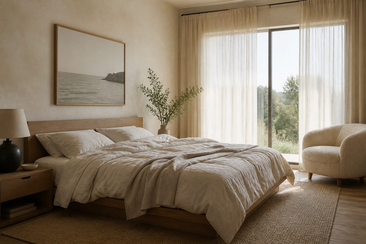 Ruhiges Schlafzimmer mit Leinenbettwäsche und Sessel